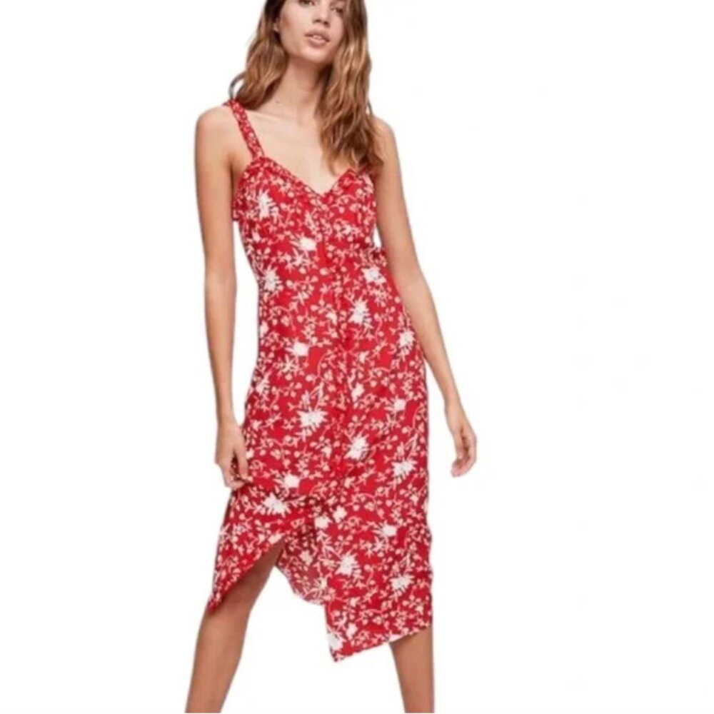 Aritzia Wilfred Lealia Red Goji Berry & White Floral Button Front Midi Dress